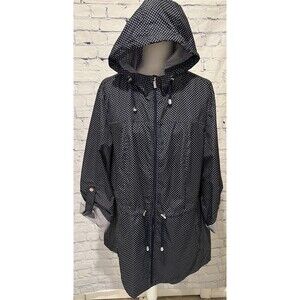 Susan Graver Navy Polka Dot Hooded Packable Rain Jacket with full zip front 1X